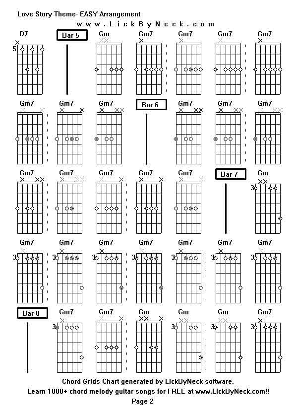 Chord Grids Chart of chord melody fingerstyle guitar song-Love Story Theme- EASY Arrangement,generated by LickByNeck software.